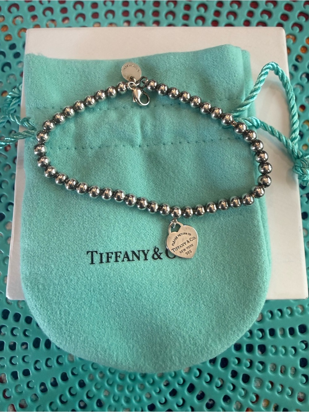 Tiffany & Co. Silver Bead Bracelet with Heart Tag on Turquoise Pouch